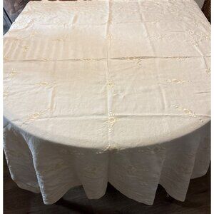 Vintage Ivory Floral Embroidered‎ Linen Tablecloth 52x62 Inches